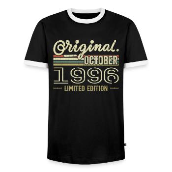 Born in October 1996 Retro Birthday October 1996 - Men's Ringer Shirt - black/white - Front - AI Model Female 172 light (172cm) & AI Model Male 178 light (178cm)