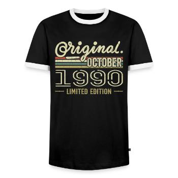 Born in October 1990 Retro Birthday October 1990 - Men's Ringer Shirt - black/white - Front - AI Model Female 172 light (172cm) & AI Model Male 178 light (178cm)