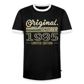 Né en Octobre 1985 Rétro Anniversaire Octobre 1985 - T-shirt contrasté Homme - noir/blanc - Devant - AI Model Female 172 light (172cm) & AI Model Male 178 light (178cm)