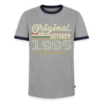 Born in October 1995 Retro Birthday October 1995 - Men's Ringer Shirt - grey/navy  - Front - AI Model Female 172 light (172cm) & AI Model Male 178 light (178cm)