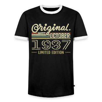Born in October 1987 Retro Birthday October 1987 - Men's Ringer Shirt - black/white - Front - AI Model Female 172 light (172cm) & AI Model Male 178 light (178cm)