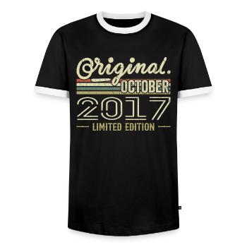 Born in October 2017 Retro Birthday October 2017 - Men's Ringer Shirt - black/white - Front - AI Model Female 172 light (172cm) & AI Model Male 178 light (178cm)