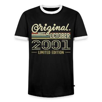Born October 2001 Retro Birthday October 2001 - Men's Ringer Shirt - black/white - Front - AI Model Female 172 light (172cm) & AI Model Male 178 light (178cm)