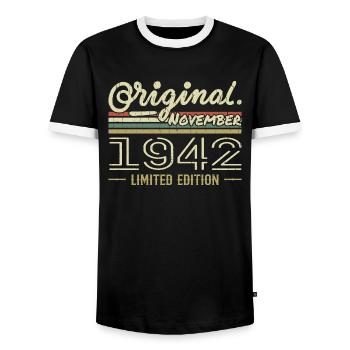 November 1942 - November 1942 Birthday Gift - Men's Ringer Shirt - black/white - Front - AI Model Female 172 light (172cm) & AI Model Male 178 light (178cm)