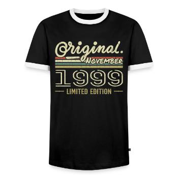 November 1999 - November 1999 Birthday Gift - Men's Ringer Shirt - black/white - Front - AI Model Female 172 light (172cm) & AI Model Male 178 light (178cm)