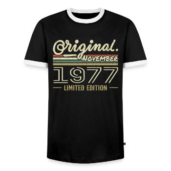 November 1977 - November 1977 Birthday Gift - Men's Ringer Shirt - black/white - Front - AI Model Female 172 light (172cm) & AI Model Male 178 light (178cm)