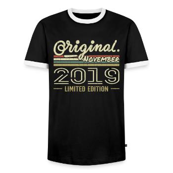 November 2019 - November 2019 Birthday Gift - Men's Ringer Shirt - black/white - Front - AI Model Female 172 light (172cm) & AI Model Male 178 light (178cm)