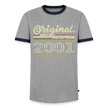 November 2001 - November 2001 Birthday Gift - Men's Ringer Shirt - grey/navy  - Front - AI Model Female 172 light (172cm) & AI Model Male 178 light (178cm)