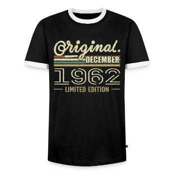 December 1962 Birthday December 1962 December - Men's Ringer Shirt - black/white - Front - AI Model Female 172 light (172cm) & AI Model Male 178 light (178cm)