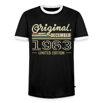 December 1963 Birthday December 1963 December - Men's Ringer Shirt - black/white - Front - AI Model Female 172 light (172cm) & AI Model Male 178 light (178cm)