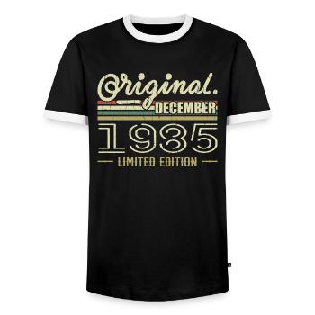 Décembre 1985 anniversaire Décembre 1985 Décembre - T-shirt contrasté Homme - noir/blanc - Devant - AI Model Female 172 light (172cm) & AI Model Male 178 light (178cm)