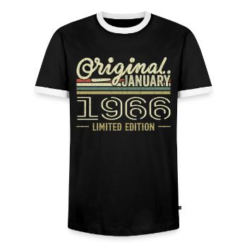 January 1966 Birthday January 1966 Gift 1966 - Men's Ringer Shirt - black/white - Front - AI Model Female 172 light (172cm) & AI Model Male 178 light (178cm)