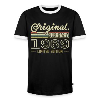 February 1969 - February 1969 Birthday Gift - Men's Ringer Shirt - black/white - Front - AI Model Female 172 light (172cm) & AI Model Male 178 light (178cm)