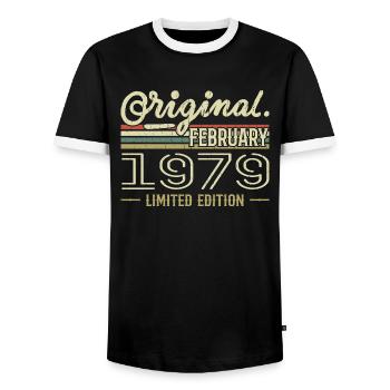 Cadeau Février 1979 - Anniversaire Février 1979 - T-shirt contrasté Homme - noir/blanc - Devant - AI Model Female 172 light (172cm) & AI Model Male 178 light (178cm)