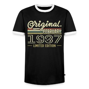 February 1987 Gift - February 1987 Birthday - Men's Ringer Shirt - black/white - Front - AI Model Female 172 light (172cm) & AI Model Male 178 light (178cm)