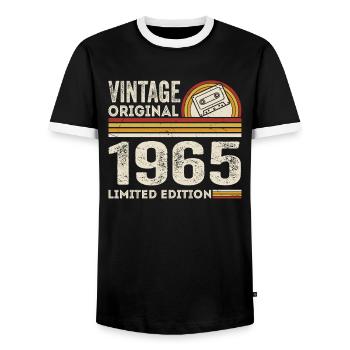 Vintage 1965 Cassette 1965 - 60th Anniversary 1965 - Men's Ringer Shirt - black/white - Front - AI Model Female 172 light (172cm) & AI Model Male 178 light (178cm)