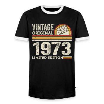 Vintage 1973 Cassette Tape 1973 - 52nd Anniversary 1973 - Men's Ringer Shirt - black/white - Front - AI Model Female 172 light (172cm) & AI Model Male 178 light (178cm)