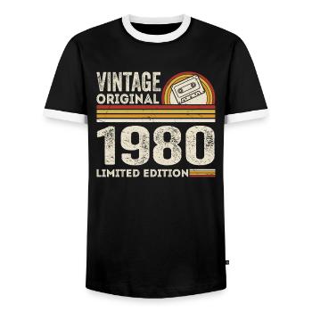 Jahrgang 1980er Kassette 1980er Jahre - 45. Jahrestag 1980er Jahre - Männer Kontrast-T-Shirt - Schwarz/Weiß - Vorne - AI Model Female 172 light (172cm) & AI Model Male 178 light (178cm)