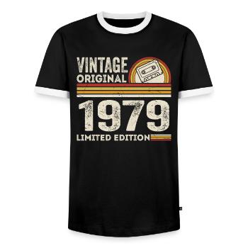 Vintage 1979 Cassette 1979 - 46th Anniversary 1979 - Men's Ringer Shirt - black/white - Front - AI Model Female 172 light (172cm) & AI Model Male 178 light (178cm)