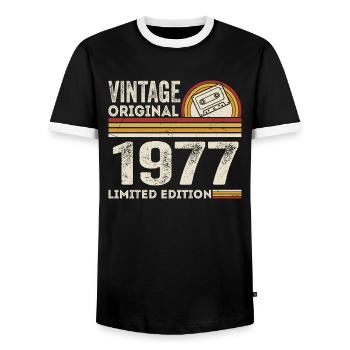 Vintage 1977 Cassette Tape 1977 - 48th Anniversary 1977 - Men's Ringer Shirt - black/white - Front - AI Model Female 172 light (172cm) & AI Model Male 178 light (178cm)
