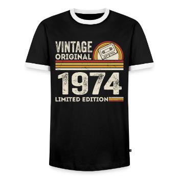 Vintage 1974 Cassette 1974 - 51st Anniversary 1974 - Men's Ringer Shirt - black/white - Front - AI Model Female 172 light (172cm) & AI Model Male 178 light (178cm)