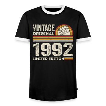 Vintage 1992 Cassette Tape 1992 - 33rd Anniversary 1992 - Men's Ringer Shirt - black/white - Front - AI Model Female 172 light (172cm) & AI Model Male 178 light (178cm)