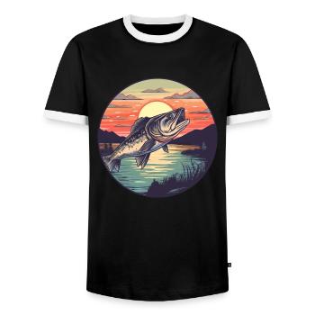 fishing pike-perch at sunset - Men's Ringer Shirt - black/white - Front - AI Model Female 172 light (172cm) & AI Model Male 178 light (178cm)