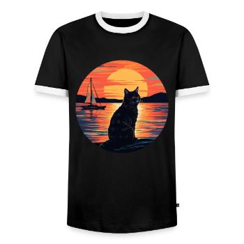 Black Cat Sailing in the Sunset – Nautical - Men's Ringer Shirt - black/white - Front - AI Model Female 172 light (172cm) & AI Model Male 178 light (178cm)