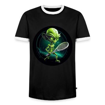 Green alien plays space tennis - Men's Ringer Shirt - black/white - Front - AI Model Female 172 light (172cm) & AI Model Male 178 light (178cm)