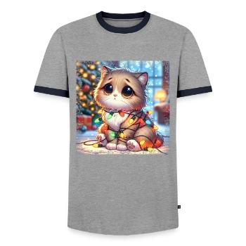 Cute Christmas Cat - Fairy Lights Chaos in the - Men's Ringer Shirt - grey/navy  - Front - AI Model Female 172 light (172cm) & AI Model Male 178 light (178cm)