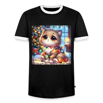 Cute Christmas Cat - Fairy Lights Chaos in the - Men's Ringer Shirt - black/white - Front - AI Model Female 172 light (172cm) & AI Model Male 178 light (178cm)