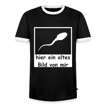 Spermie hier altes Bild von mir lustig witzig - Männer Kontrast-T-Shirt - Schwarz/Weiß - Vorne - AI Model Female 172 light (172cm) & AI Model Male 178 light (178cm)