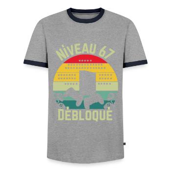 Level 67 Unlocked - Men's Ringer Shirt - grey/navy  - Front - AI Model Female 172 light (172cm) & AI Model Male 178 light (178cm)