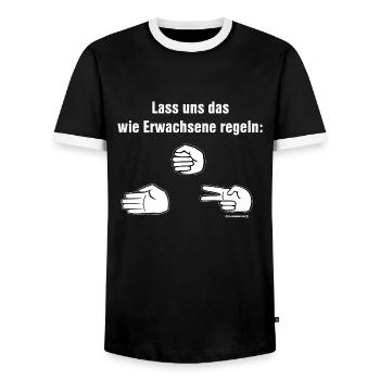 FUN - FliFlaFlu Schere Stein Papier wie Erwachsene - Männer Kontrast-T-Shirt - Schwarz/Weiß - Vorne - AI Model Female 172 light (172cm) & AI Model Male 178 light (178cm)
