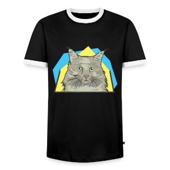 Chatte aux cheveux longs semble surpris - T-shirt contrasté Homme - noir/blanc - Devant - AI Model Female 172 light (172cm) & AI Model Male 178 light (178cm)