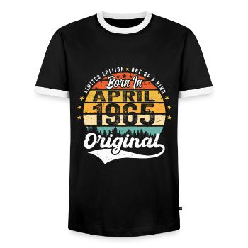 April 1965 Birthday Gift April 1965 Vintage - Men's Ringer Shirt - black/white - Front - AI Model Female 172 light (172cm) & AI Model Male 178 light (178cm)