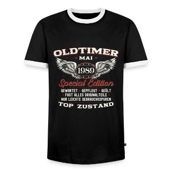 Oldtimer Mai 1989 Jahrgang 1989 Geburtstag 1989 - Männer Kontrast-T-Shirt - Schwarz/Weiß - Vorne - AI Model Female 172 light (172cm) & AI Model Male 178 light (178cm)