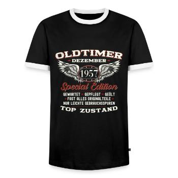 66. Geburtstag Oldtimer Dezember Jahrgang 1957 - Männer Kontrast-T-Shirt - Schwarz/Weiß - Vorne - AI Model Female 172 light (172cm) & AI Model Male 178 light (178cm)