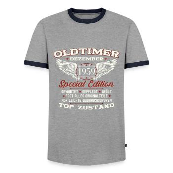 64. Geburtstag Oldtimer Dezember Jahrgang 1959 - Männer Kontrast-T-Shirt - Grau/Navy  - Vorne - AI Model Female 172 light (172cm) & AI Model Male 178 light (178cm)