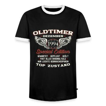 29. Geburtstag Oldtimer Dezember Jahrgang 1994 - Männer Kontrast-T-Shirt - Schwarz/Weiß - Vorne - AI Model Female 172 light (172cm) & AI Model Male 178 light (178cm)