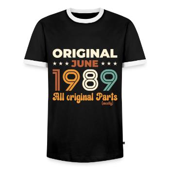 Original June 1989 Vintage 1989 Birthday 1989 - Men's Ringer Shirt - black/white - Front - AI Model Female 172 light (172cm) & AI Model Male 178 light (178cm)