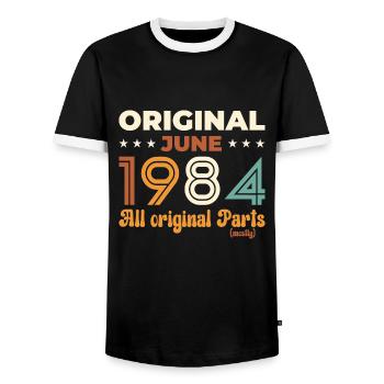 Original June 1984 Vintage 1984 Birthday 1984 - Men's Ringer Shirt - black/white - Front - AI Model Female 172 light (172cm) & AI Model Male 178 light (178cm)