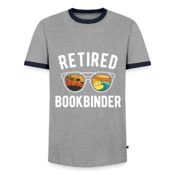 Retired Bookbinder Adventure Viewfinder Design - Men's Ringer Shirt - grey/navy  - Front - AI Model Female 172 light (172cm) & AI Model Male 178 light (178cm)