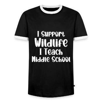 I Support Wildlife I Teach Middle School - Teacher - Men's Ringer Shirt - black/white - Front - AI Model Female 172 light (172cm) & AI Model Male 178 light (178cm)
