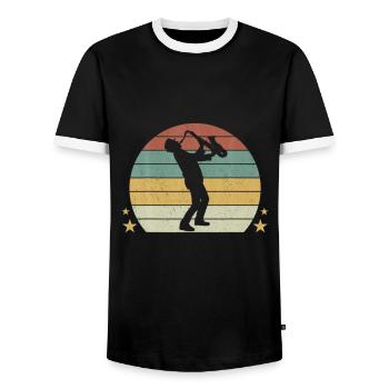 Jazz Lover Musical Instrument Retro Saxophone - Men's Ringer Shirt - black/white - Front - AI Model Female 172 light (172cm) & AI Model Male 178 light (178cm)