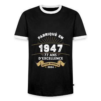 Made in 1947 77 Years of Original Excellence - Men's Ringer Shirt - black/white - Front - AI Model Female 172 light (172cm) & AI Model Male 178 light (178cm)