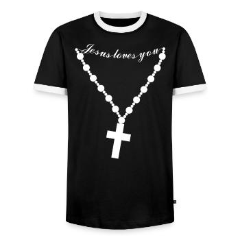 Pendant with a Christian cross and Jesus loves you - Men's Ringer Shirt - black/white - Front - AI Model Female 172 light (172cm) & AI Model Male 178 light (178cm)