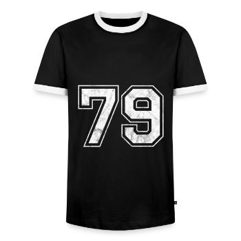 Anzahl 79 - Männer Kontrast-T-Shirt - Schwarz/Weiß - Vorne - AI Model Female 172 light (172cm) & AI Model Male 178 light (178cm)