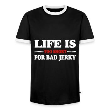 Das Leben ist zu kurz für schlechte Beef Jerky - Männer Kontrast-T-Shirt - Schwarz/Weiß - Vorne - AI Model Female 172 light (172cm) & AI Model Male 178 light (178cm)
