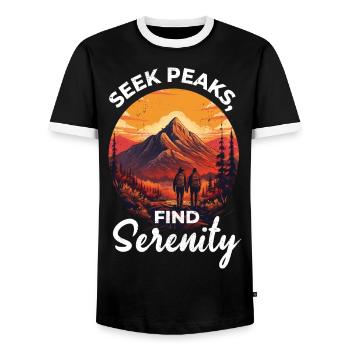 Seek Peaks, Find Serenity Hiking adventure explore - Men's Ringer Shirt - black/white - Front - AI Model Female 172 light (172cm) & AI Model Male 178 light (178cm)
